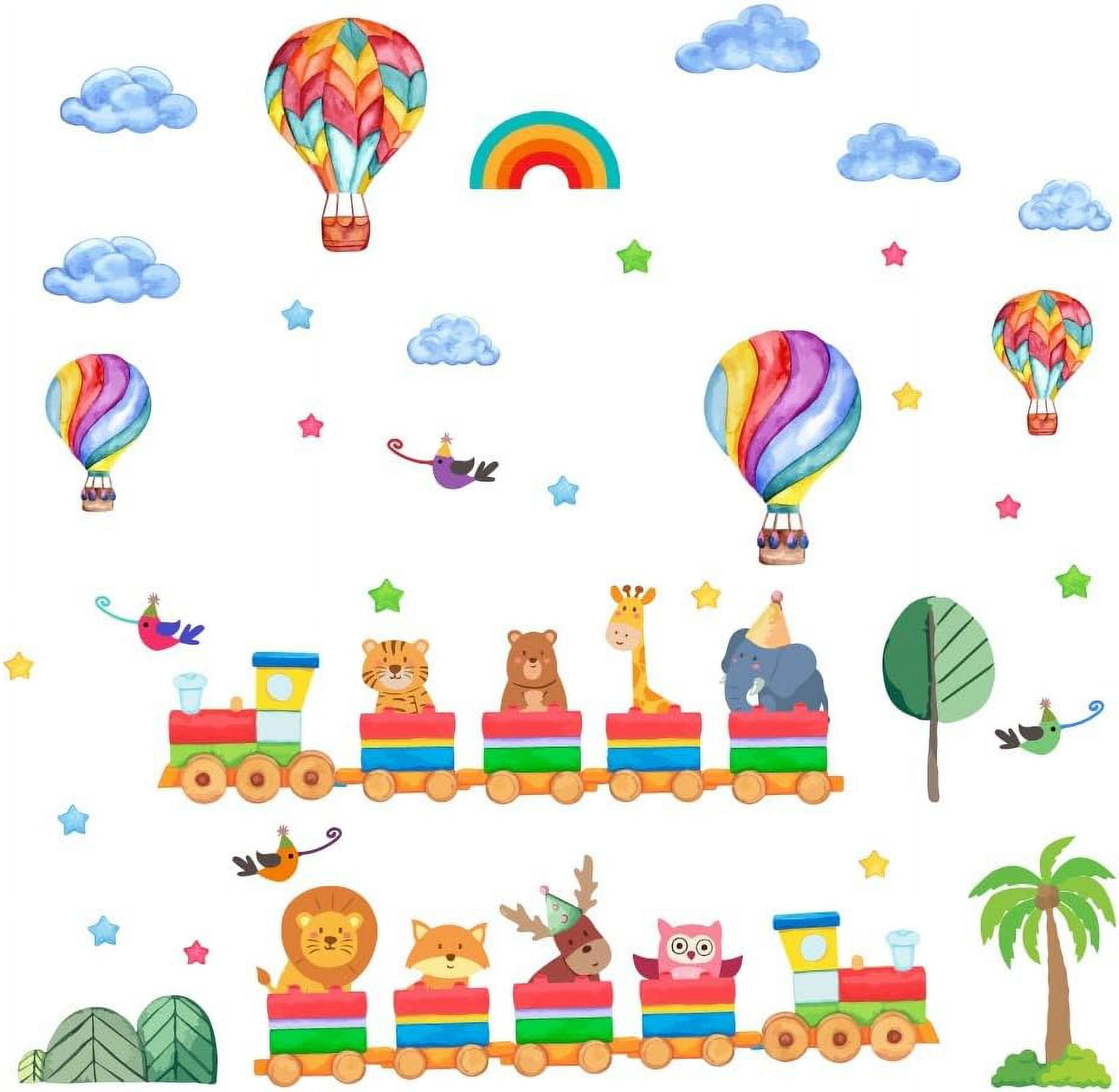SUNNYCLUE Colorful Animal Train Wall Stickers Cartoon Hot Air Balloon ...