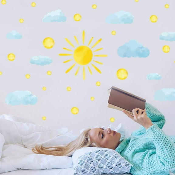 SUNNYCLUE Watercolor Wall Decals Wall Sticker Sun Clouds Peel and Stick Wall Art Decals Vinyl Decal Sticker Home Living Room Bedroom Classroom Wall Decoration Gift for Girls Kids