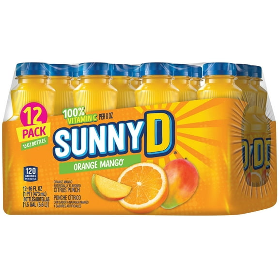 SUNNYD Orange Mango Case of 12 (16 oz Bottles) | Citrus Punch with Orange & Mango Flavor | 100% Vitamin C | Kids & Family Drink for School, Sports & Travel