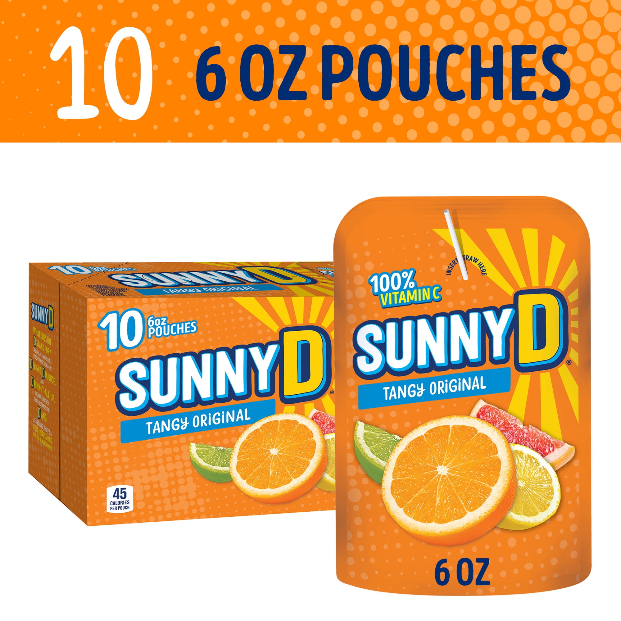 SUNNYD Tangy Original Orange Juice Drink, 10 Count, 6 fl oz Drink Pouches