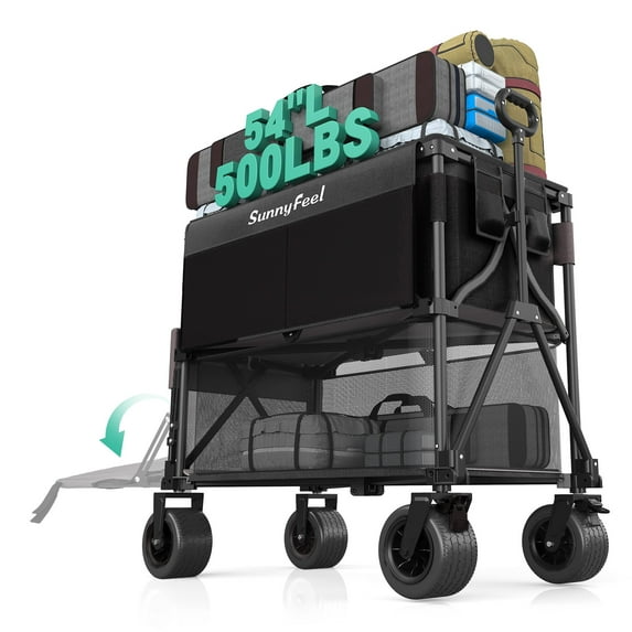 SUNNYFEEL Double Decker Wagon, Collapsible Outdoor Utility Wagon Cart 500LB Capacity Adjustable Handlebar,Foldable Wheels Stable Durable Oxford Fabric for Shopping Garden Camping (Black, Double Deck)