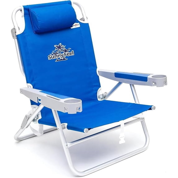Sunnyfeel High Back Oversized Folding Beach Chair – 5-Position Recline to Lay Flat, Portable Backpack Style, 28" Extra Wide Seat w/Cup Holder, Aluminum Frame for Beach Lounging & Outdoor Relaxation