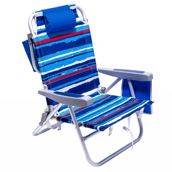 Sunnyfeel Low Beach Chair 5 Position Lay Flat, Portable Lightweight Folding Backpack Chair with Cooler Bag, Blue Stripes