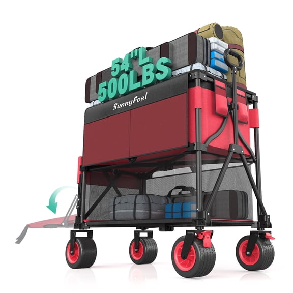 SUNNYFEEL Heavy Duty Collapsible Outdoor Utility Wagon Cart 500LB Capacity Adjustable Handlebar,Foldable Beach Wheels Stable Durable Oxford Fabric for Shopping Garden Camping (Red, Double Deck)