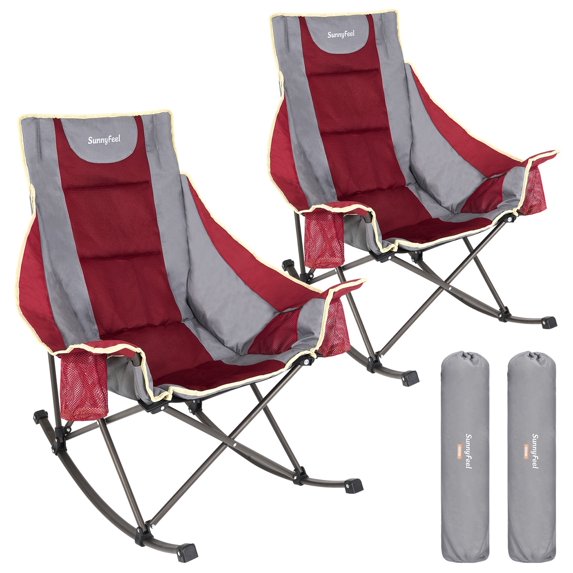 Sunnyfeel 2 Pack Oversized Folding Rocking Camping Chairs, High Back Outdoor Rocker Recliners, Portable Lawn Patio Rocking Chairs with Side Pocket, Supports Up to 500 LBS