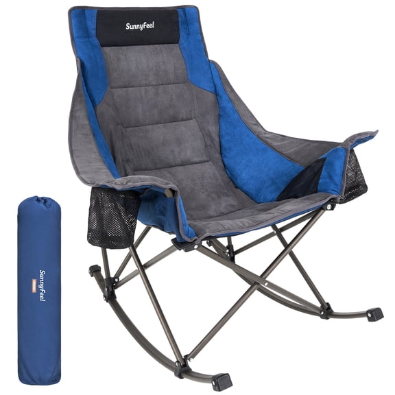 SUNNYFEEL Oversized Folding Rocking Camping Chair Blue Fully Padded Patio Chair Camp Outdoor Rocker High Back Portable Lawn Recliner with Side Pocket Camp Rocker for Adults Heavy Duty 500 LBS