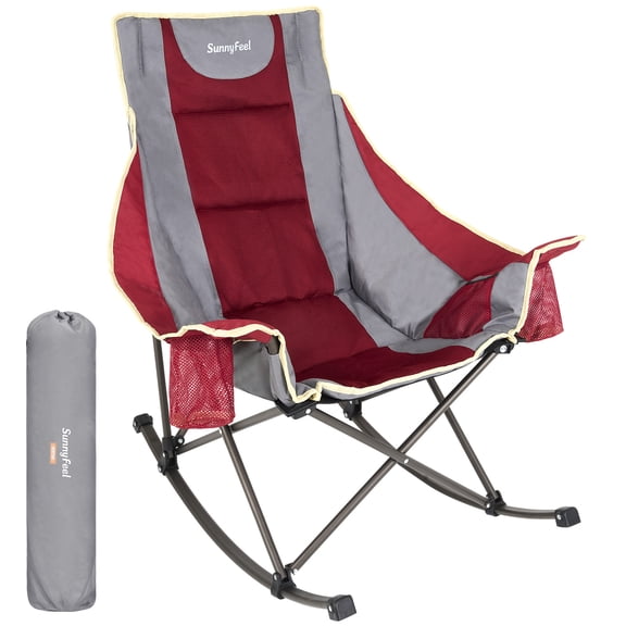 SUNNYFEEL Oversized Folding Rocking Camping Chair Fully Padded Patio Chair Portable Outdoor Rocker High Back Portable Lawn Recliner with Side Pocket Camp Rocker Chairs for Adults Heavy Duty 500 LBS