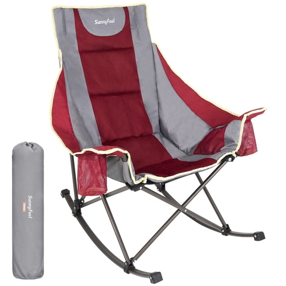 Sunnyfeel Oversized Folding Rocking Camping Chairs, High Back Outdoor Rocker Recliners, Portable Lawn Patio Rocking Chairs with Side Pocket, Supports Up to 500 LBS