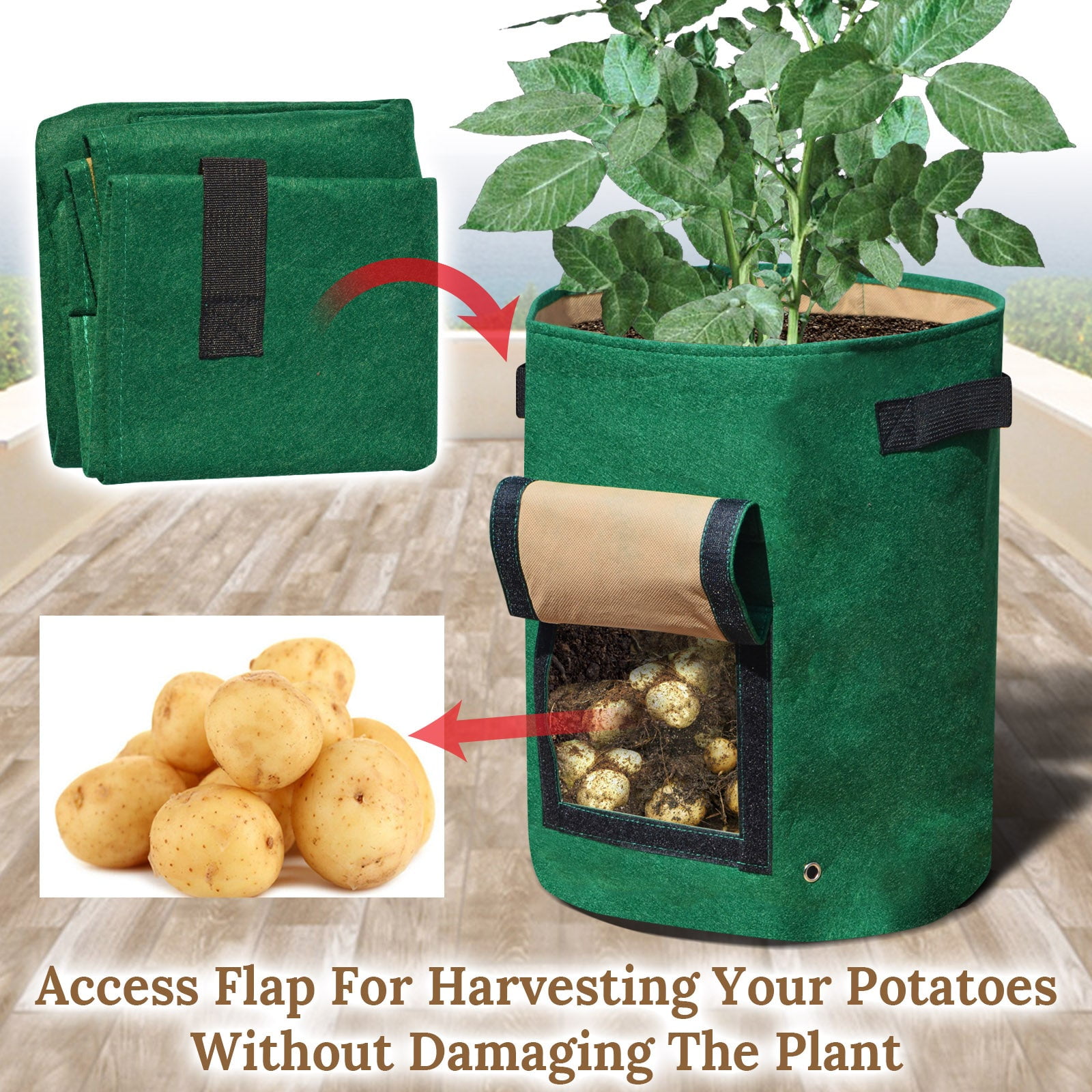 SUNNYOUTDOOR 10 Gallon Potato Grow Bags Large Garden Planting Bag with Flap Window and Durable Handle Outdoor Use, Green (3 Pack)