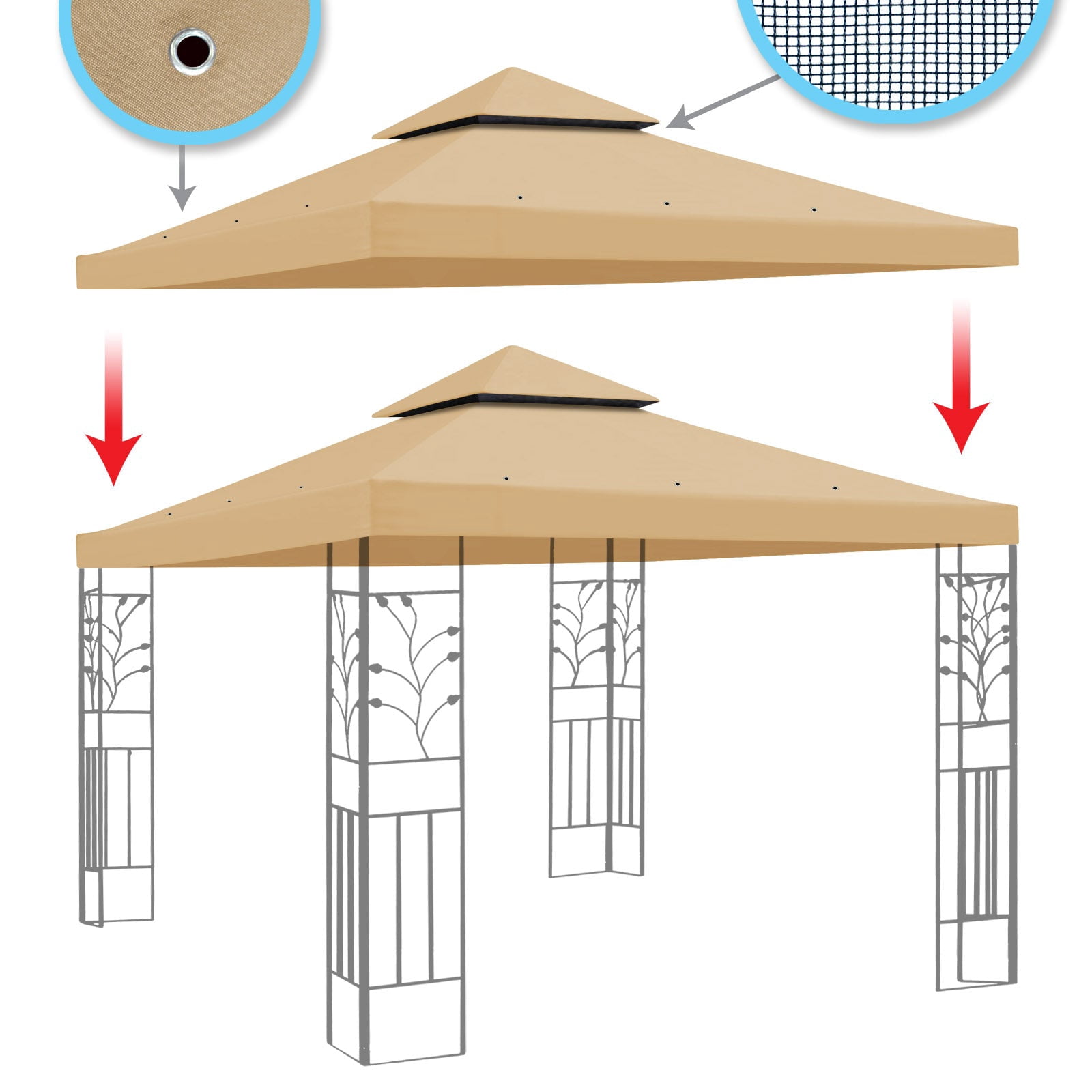 SUNNYOUTDOOR 10x10 FT Gazebo Replacement Top 2-Tiers Canopy Replacement Cover Double Tiered Replacement Canopy Top Cover (Beige)