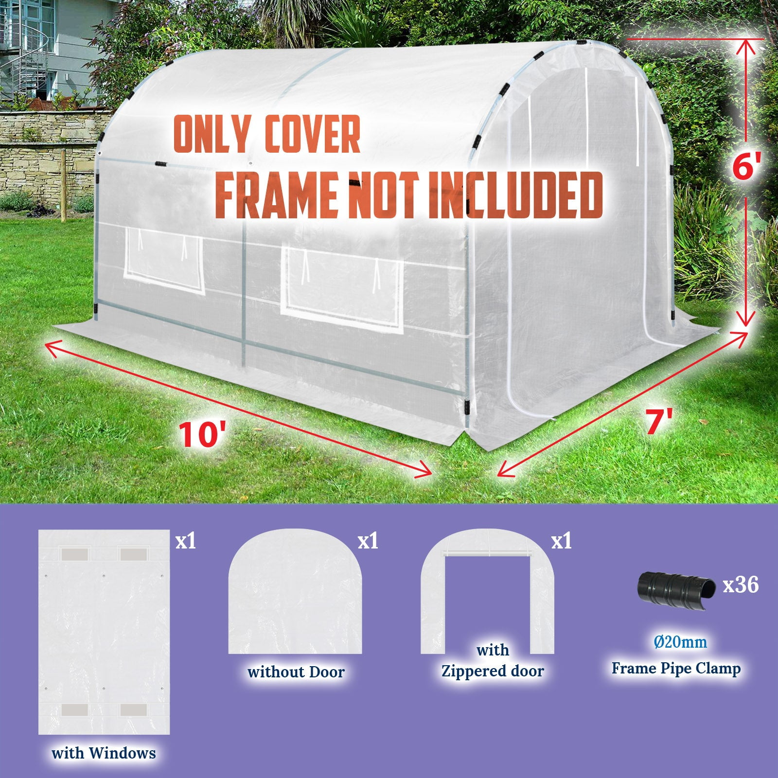 SUNNYOUTDOOR 10x7x6 FT Half-Transparent Greenhouse 3Pcs Cover Replacement ONLY Larger Walk in Outdoor Plant Garden, Frame NOT included