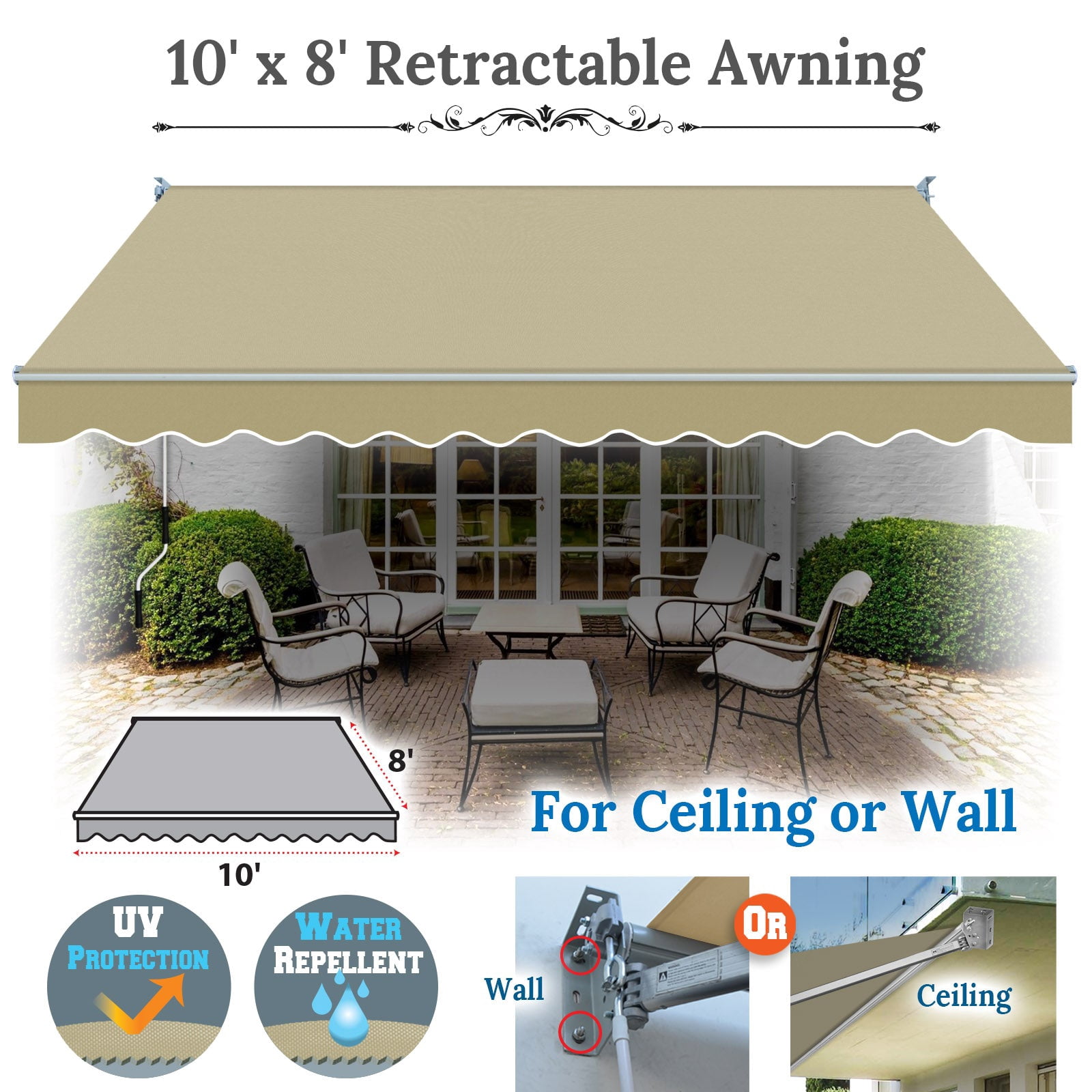 SUNNYOUTDOOR 10x8 FT Patio Awning Retractable Outdoor Sun Shade Manual Patio Deck Awning Heavy Duty Awning (Beige)