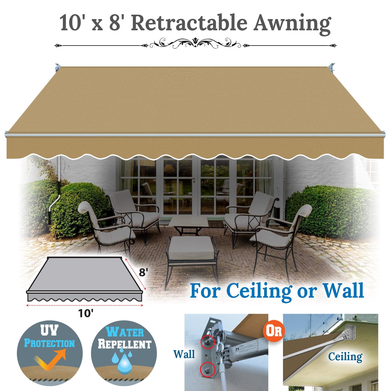 SUNNYOUTDOOR 10x8 FT Patio Awning Retractable Outdoor Sun Shade Manual Patio Deck Awning Heavy Duty Awning (Tan)
