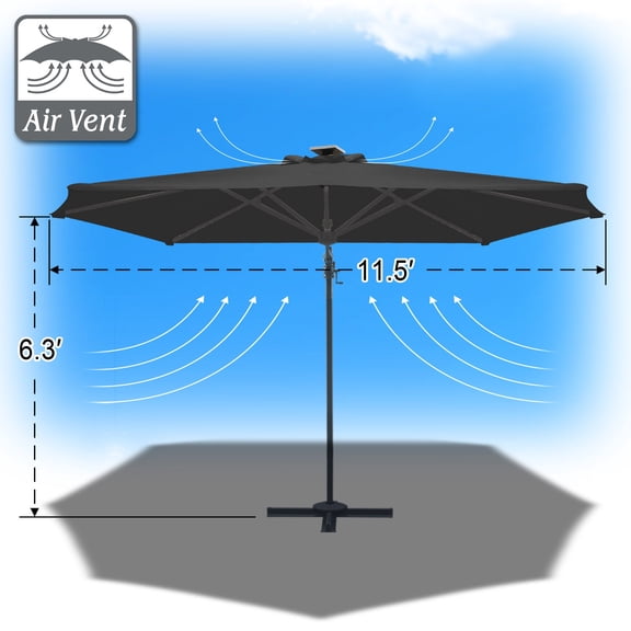 SUNNYOUTDOOR 11.5 FT Offset Cantilever Umbrella Outdoor Patio Market Hanging Umbrella with Cross Base (Black)
