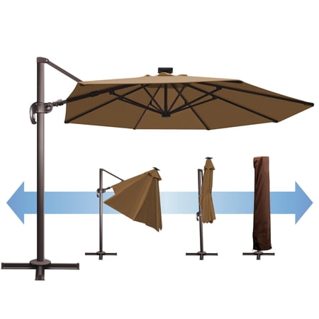 SUNNYOUTDOOR 11' Deluxe Cantilever Umbrella LED Lighted Umbrella Sunbrella Cover Patio Umbrella Garden Outdoor (Cocoa)