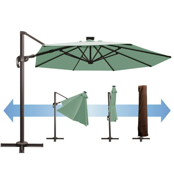 SUNNYOUTDOOR 11' Deluxe Cantilever Umbrella LED Lighted Umbrella Sunbrella Cover Patio Umbrella Garden Outdoor (Spa)