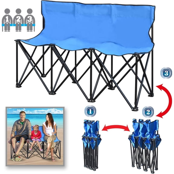 SUNNYOUTDOOR 3 Seater Portable Folding Bench Seat Collapsible Soccer Bench, Portable Bench Seats for Bleachers, Camping, Sideline, with Carrying Bag, Blue