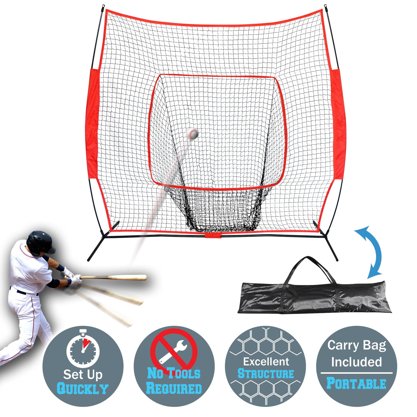 Sunnyoutdoor 7x7 ft Red Portable Baseball Net for Batting and Pitching