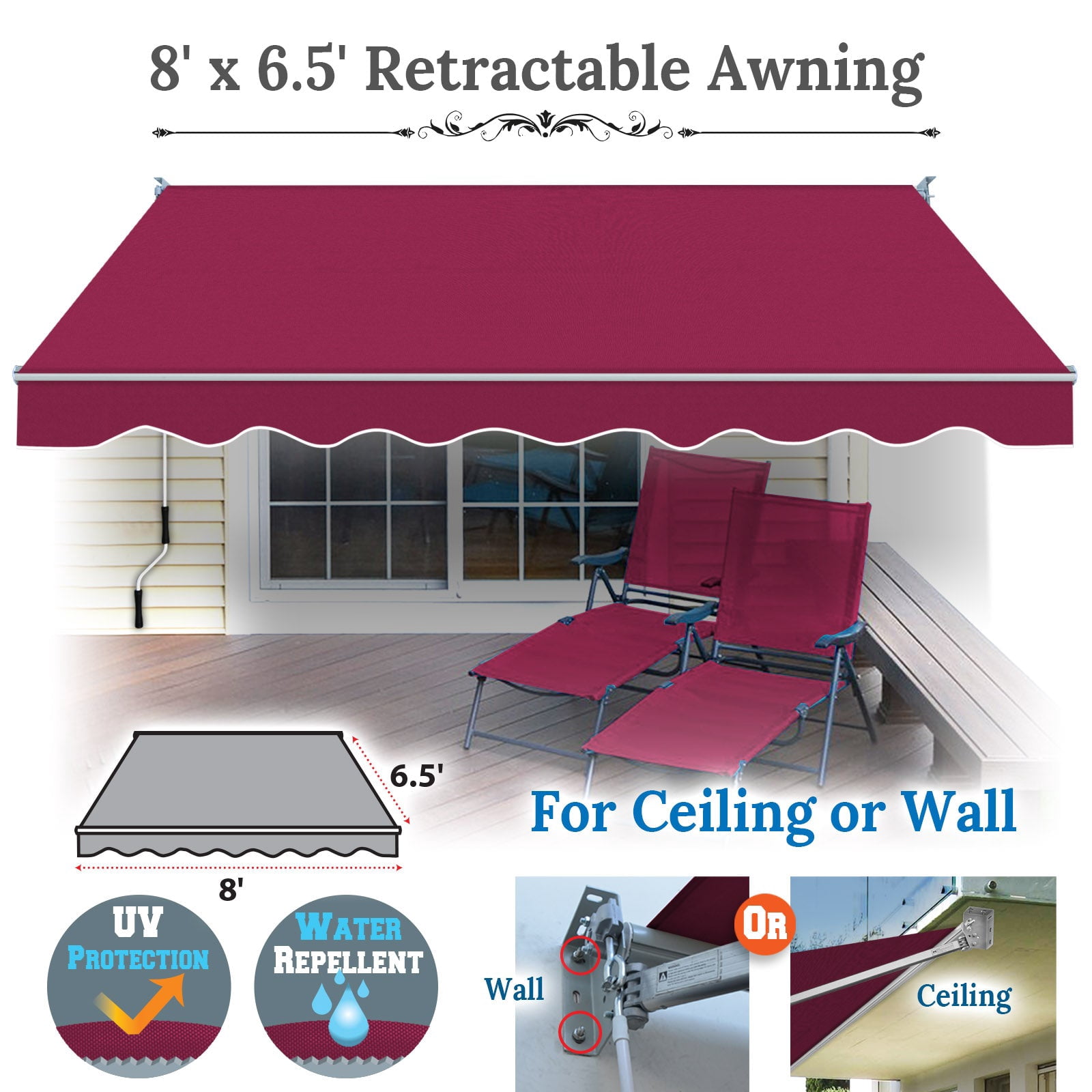 SUNNYOUTDOOR 8x6.5 FT Patio Awning Retractable Outdoor Sun Shade Manual Patio Deck Awning Heavy Duty Awning (Burgundy)
