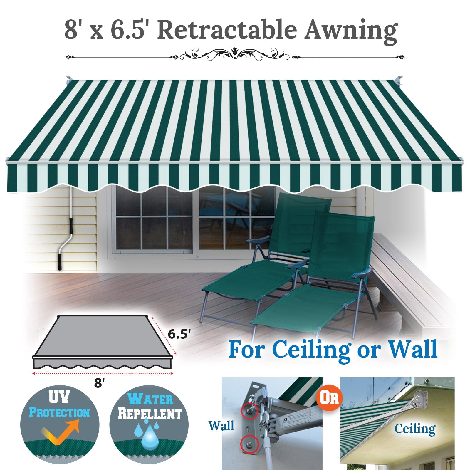 SUNNYOUTDOOR 8x6.5 FT Patio Awning Retractable Outdoor Sun Shade Manual Patio Deck Awning Heavy Duty Awning (Green with white)