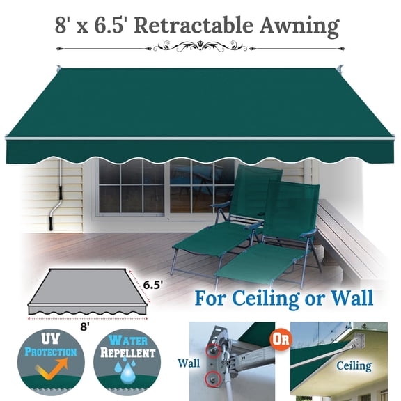 SUNNYOUTDOOR 8x6.5 FT Patio Awning Retractable Outdoor Sun Shade Manual Patio Deck Awning Heavy Duty Awning (Green)
