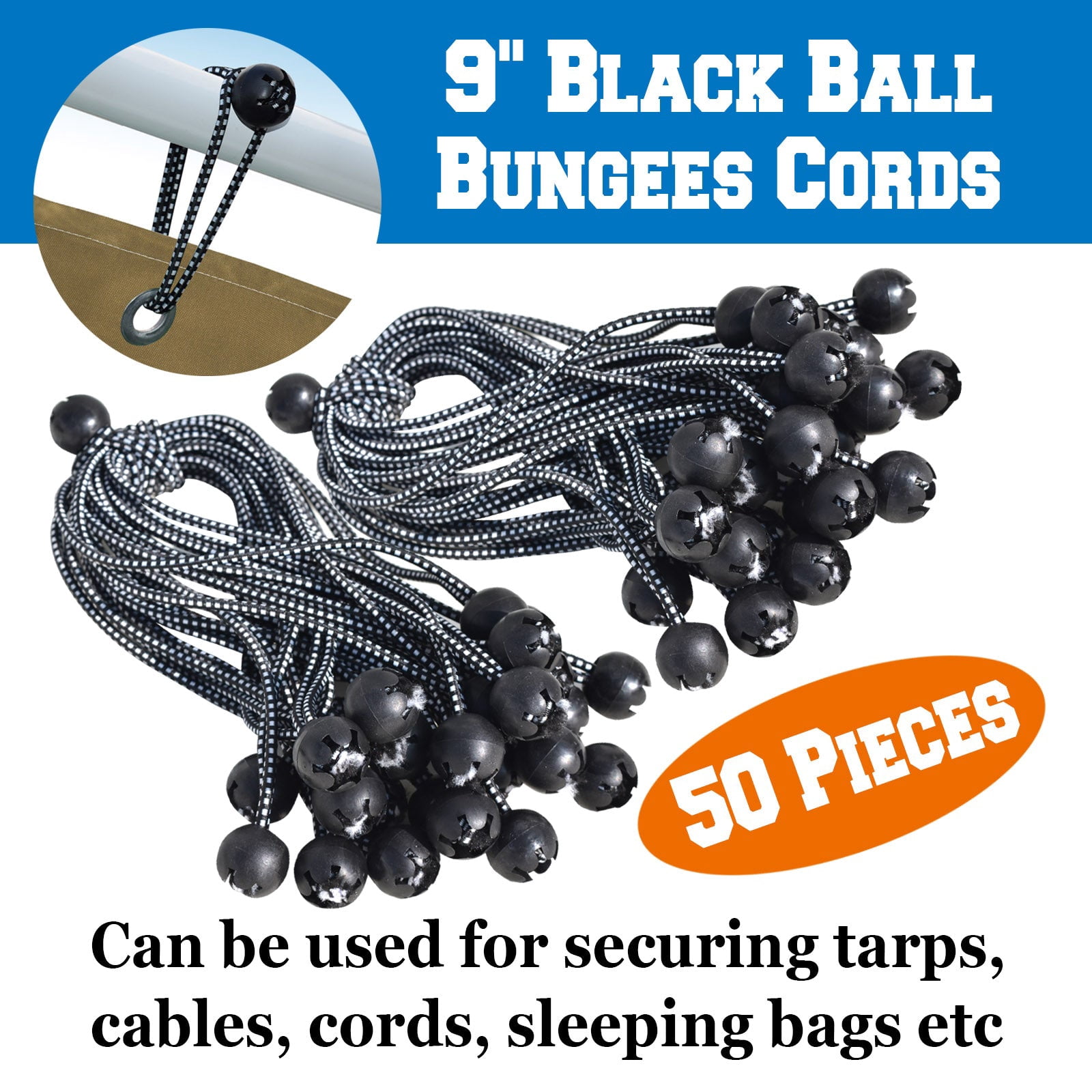 SUNNYOUTDOOR 9" Ball Bungees Cords Tarp Tent Tie Down Ball Bungees Canopy Gazebo Straps（50 PCS, Black with white）