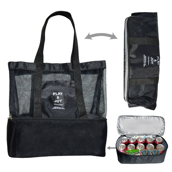 SUNNYOUTDOOR Mesh Beach Outdoor Sport Tote Bag w Insulated Picnic Cooler /Heat Insulatiion (Black)