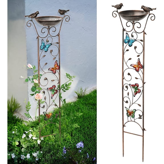 Bird Bath with Trellis Outdoor, Antique Garden Iron Trellis with Decorative Butterflies Detachable Bird Bowl Metal Potted Plants Support for Climbing Flowers