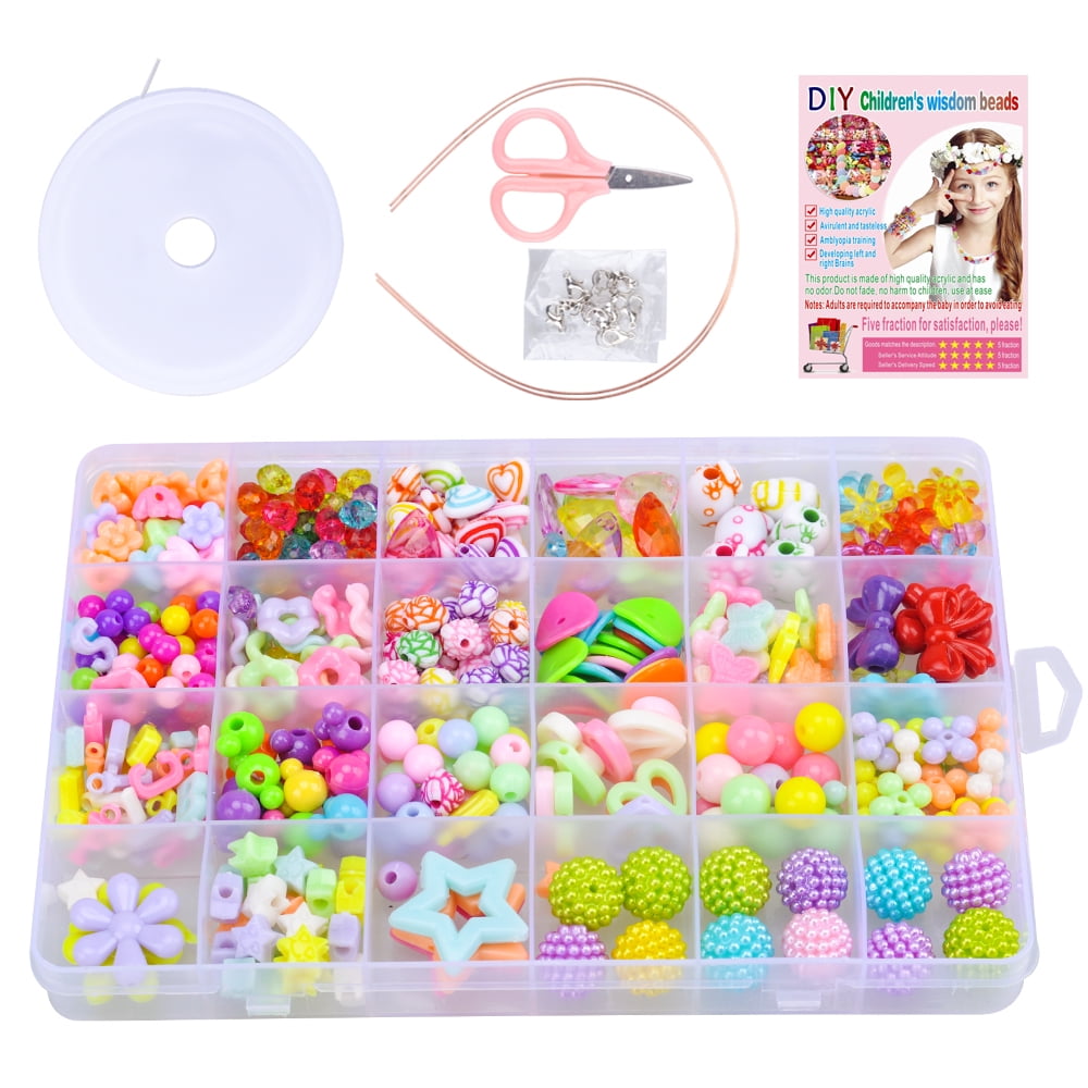 DIY Beads Set with 4 Packs String, 24 Different Types and Shapes Colorful  Acrylic Beads in a Box for Children Necklace and Bracelet Crafts by