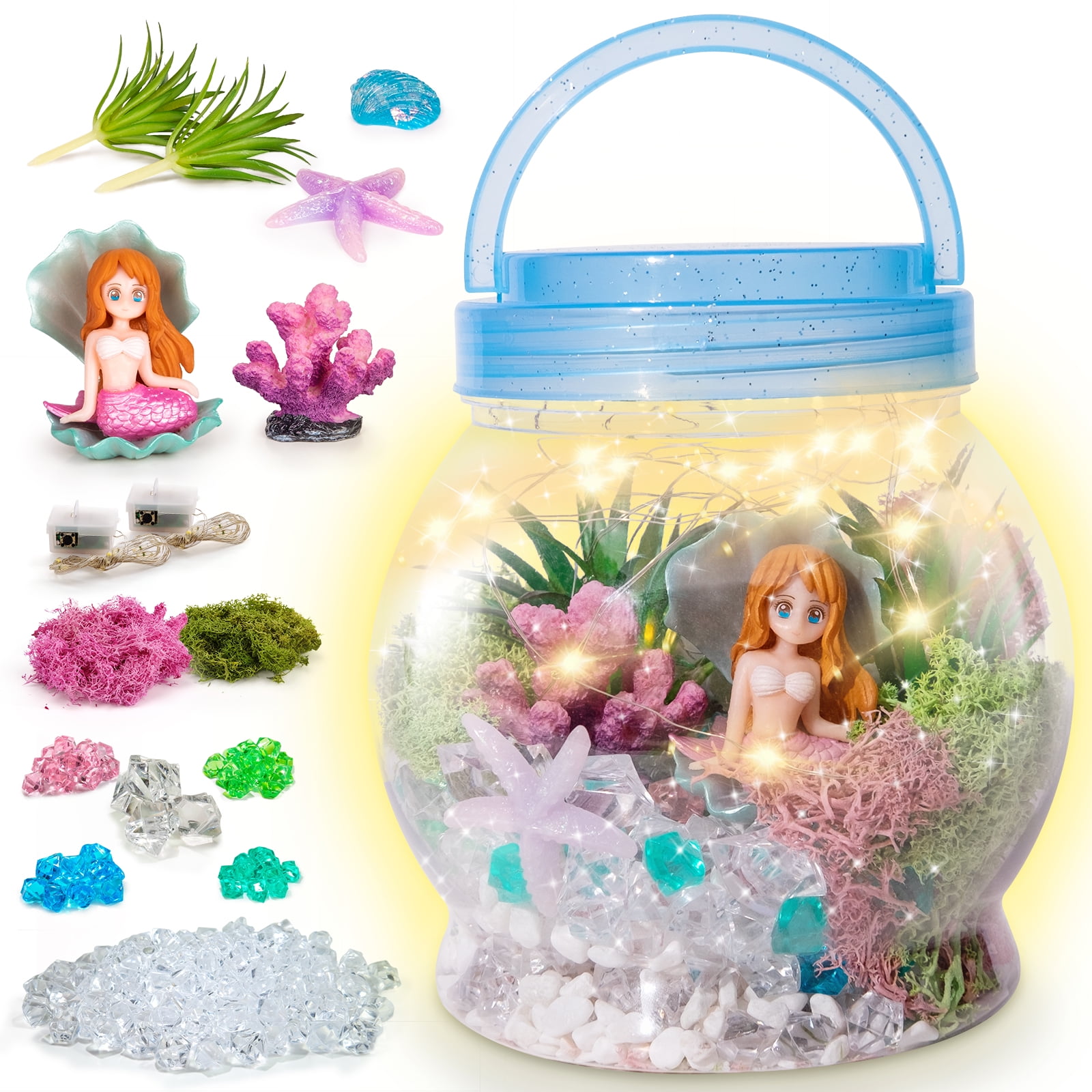 SUNNYPIG DIY Light up Kit for Kids with Mermaid Toys Mermaid Gifts for Girls Magical Mini Fairy Garden in a Jar with LED Light Christmas and