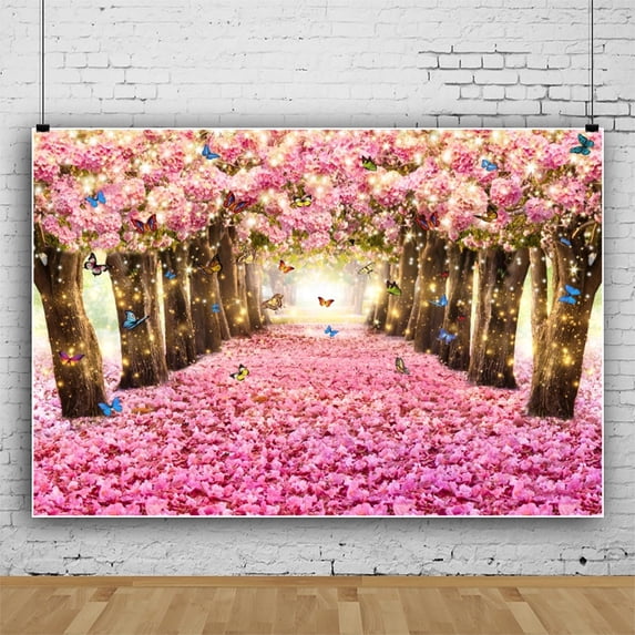 SUNOLIFE 10x8ft,Baby Shower Birthday Backdrops Banner Pink Cherry Blossom Castle Photography Background Decorations