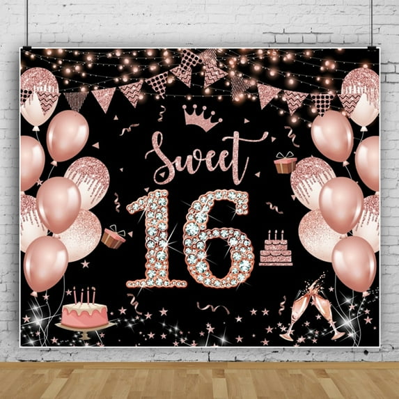 SUNOLIFE 10x8ft,Pink Sweet 16th Birthday Backdrops Banner Happy Birthday Gittle Photography Background for Party Decorations