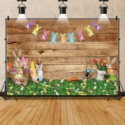 SUNOLIFE 10x8ft,Spring Easter Backdrop,Easter Bunny Photography Background Wood Backdrops Banner for Party Decorations