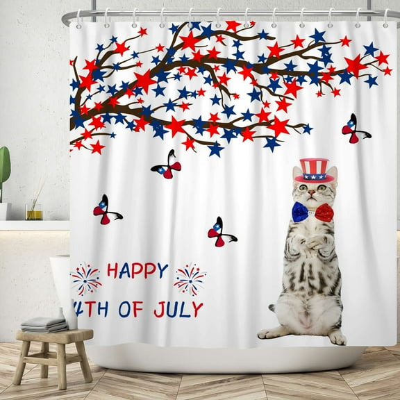SUNOLIFE 4th of July Shower Curtain,Patriotic Independence Day Cat Fabric Bathroom Curtain with Hooks,72x72 in