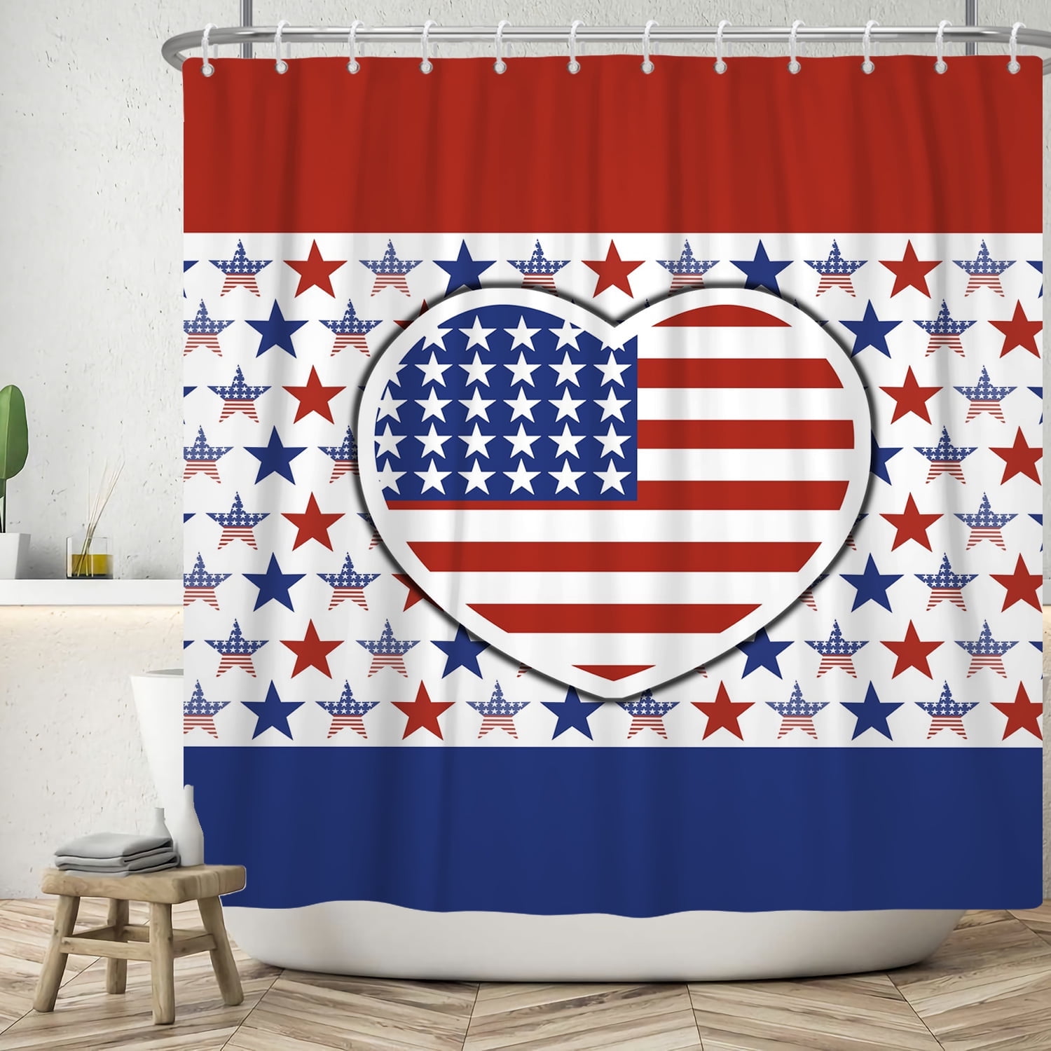 SUNOLIFE 4th of July Shower Curtain,Patriotic Independence Day Fabric Bathroom Curtain with Hooks,72x72 in