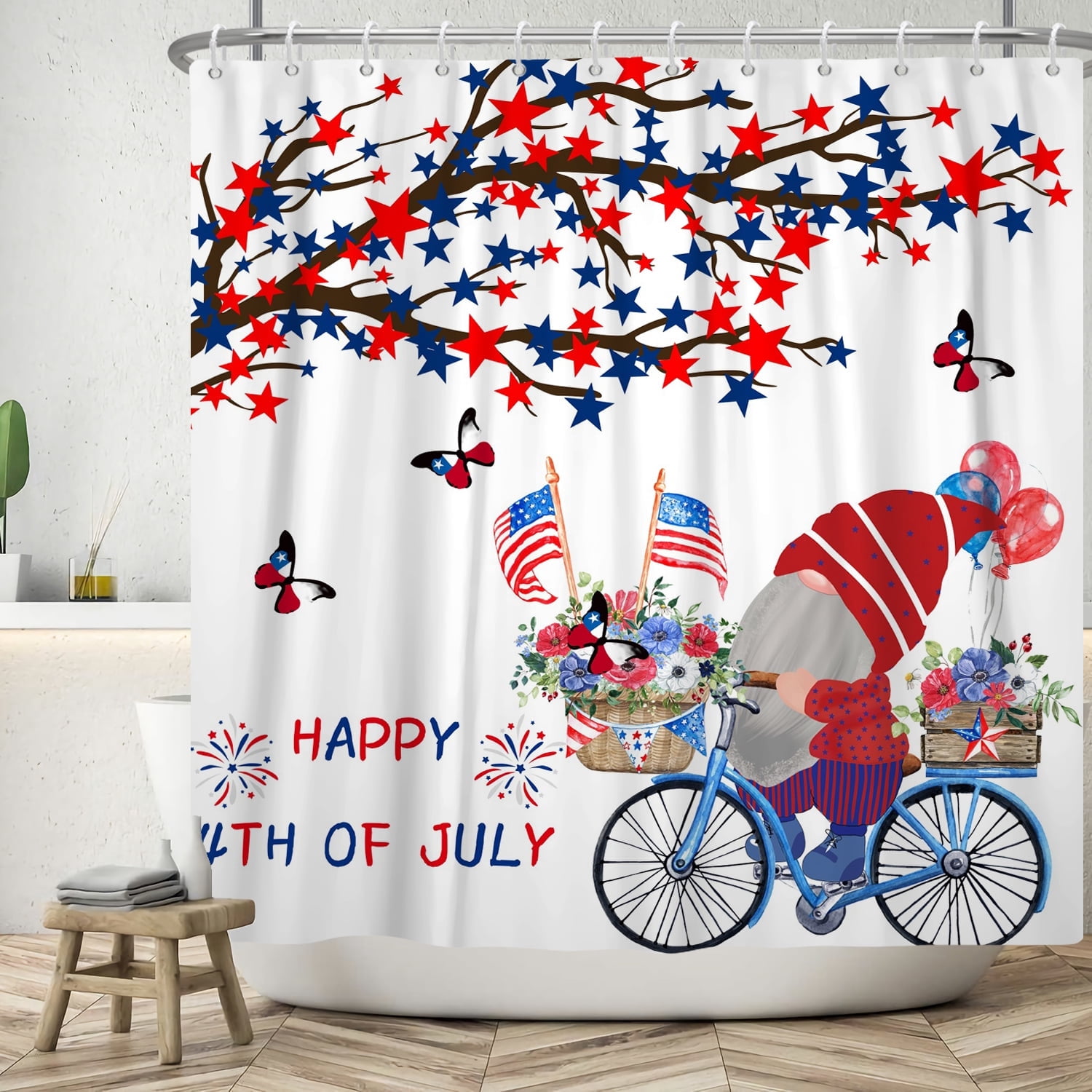 SUNOLIFE 4th of July Shower Curtain,Patriotic Independence Day Gnome Fabric Bathroom Curtain with Hooks,60x72 in