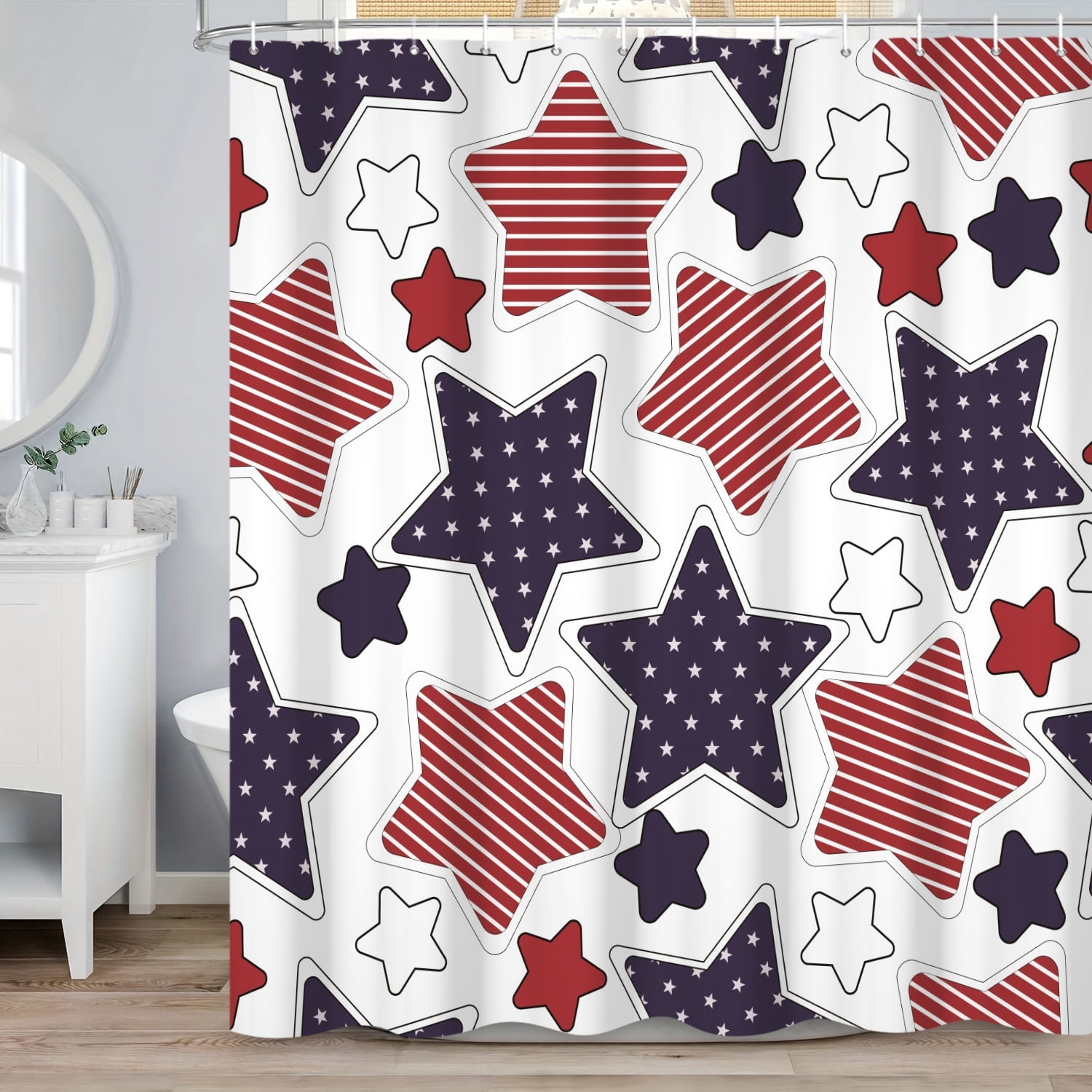 SUNOLIFE 4th of July Shower Curtain,Patriotic Independence Day Waterproof Fabric Bathroom Curtain with Hooks,60x72 in