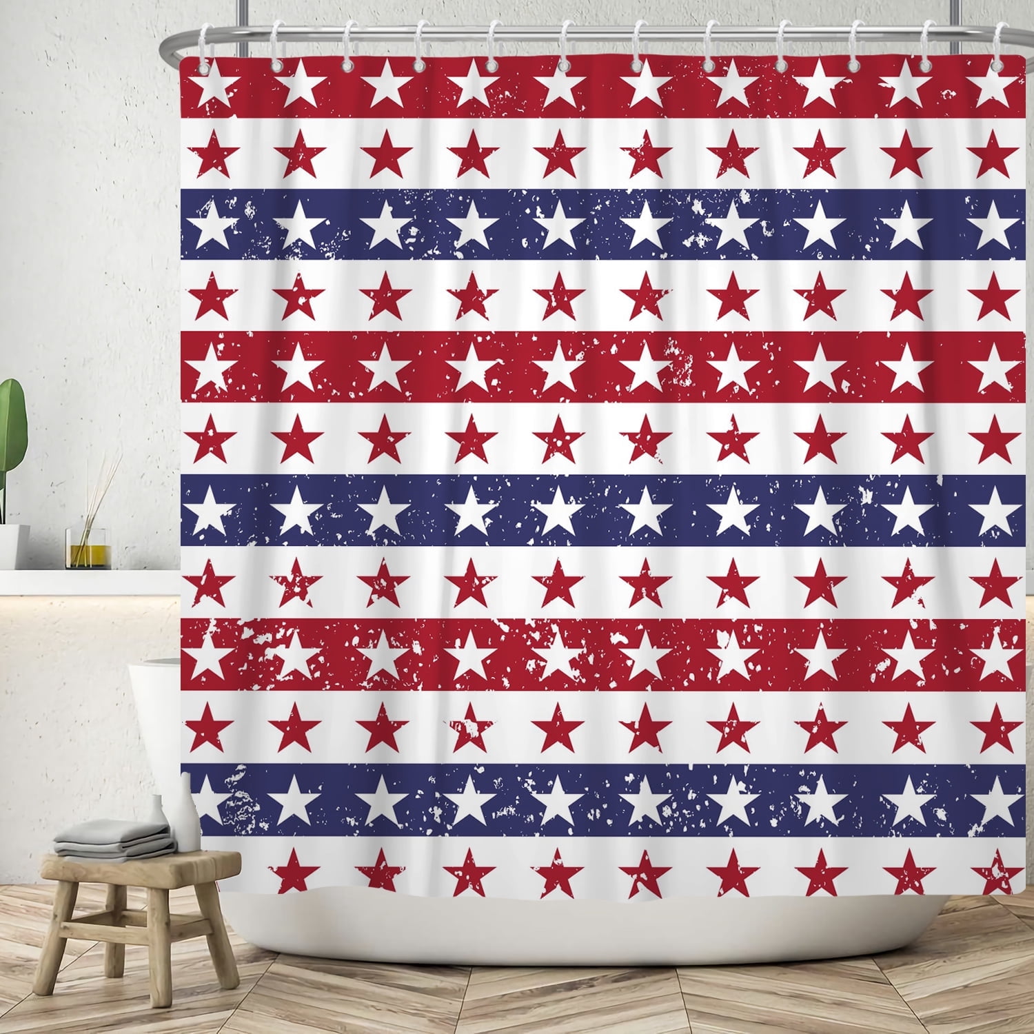 SUNOLIFE 4th of July Shower Curtain,Stripe Patriotic Independence Day Fabric Bathroom Curtain with Hooks,72x78 in