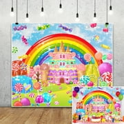 SUNOLIFE 7x5ft,Rainbow Candyland Backdrops,Sweet Ice Cream Background Cake Table Banner for Girls Party Decor