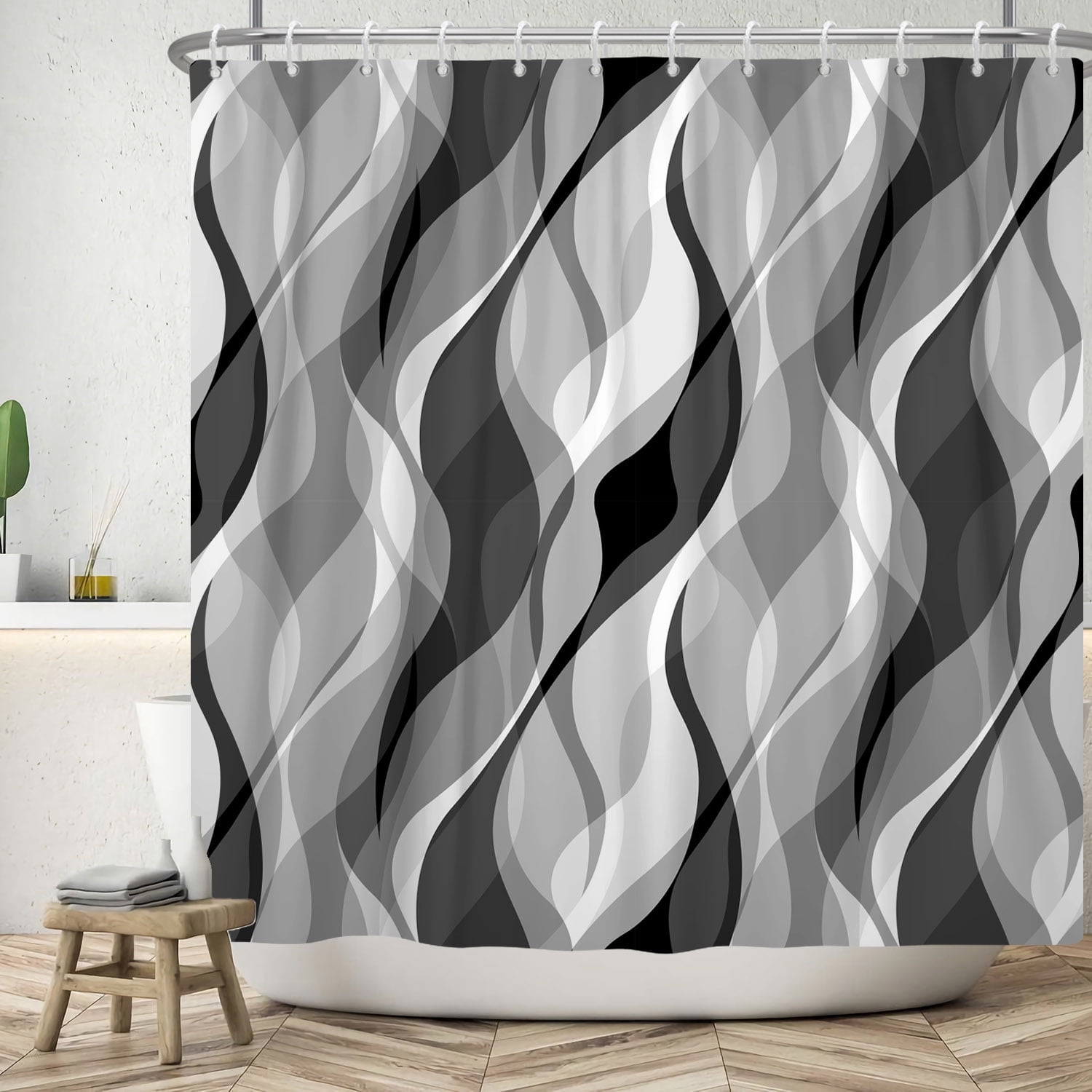 SUNOLIFE Abstract Modern Shower Curtain Black and Grey Waterproof
