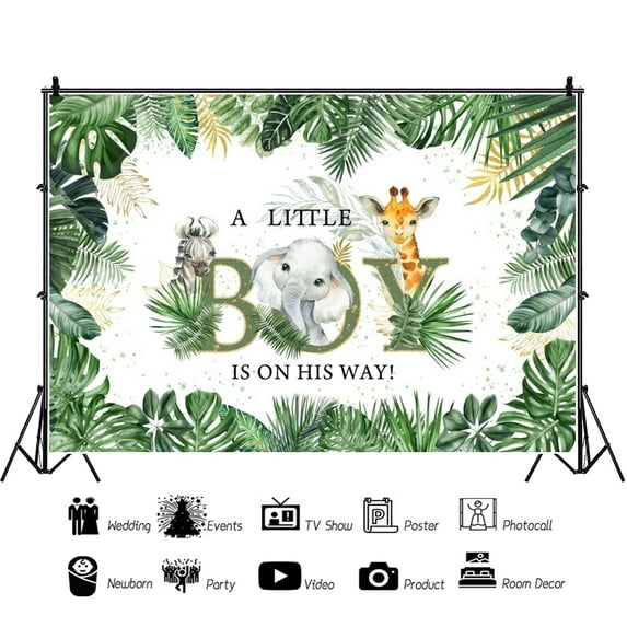 SUNOLIFE Baby Shower a Little Boys Backdrop Banner Safari Jungle Background Decorations 5x3ft