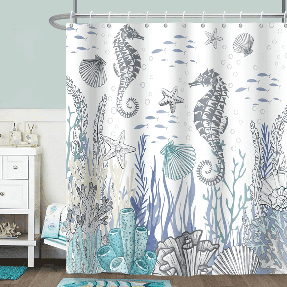 SUNOLIFE Beach Theme Shower Curtain Nautical Coastal Ocean Seashell Fabric Bathroom Curtain,72x72 in