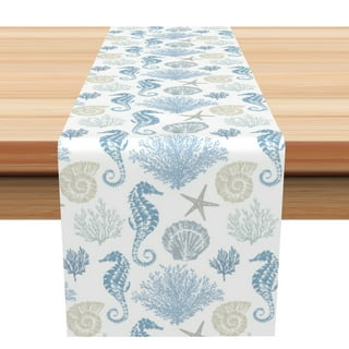18 x 72 inches Table Runner Cotton-Polyester Blend, Ocean Marine Theme  Nautical Sea Animals Retro Blue Table Runner for Table Decorations, Indoor
