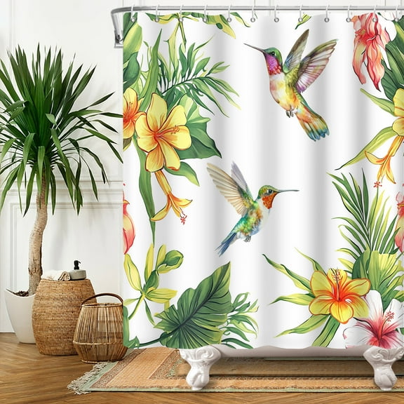 SUNOLIFE Bird Shower Curtain Hummingbird Summer Tropical Floral Fabric Bathroom Curtain Set 47x64 in