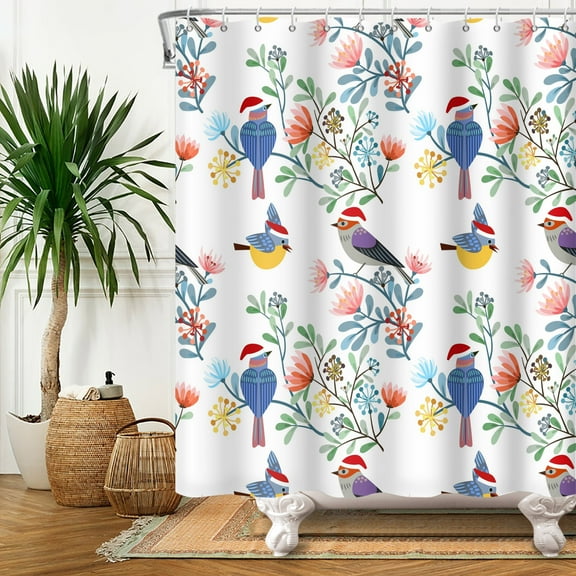 SUNOLIFE Birds Shower Curtain Floral Hummingbird Fabric Bathroom Curtain,72x72 in