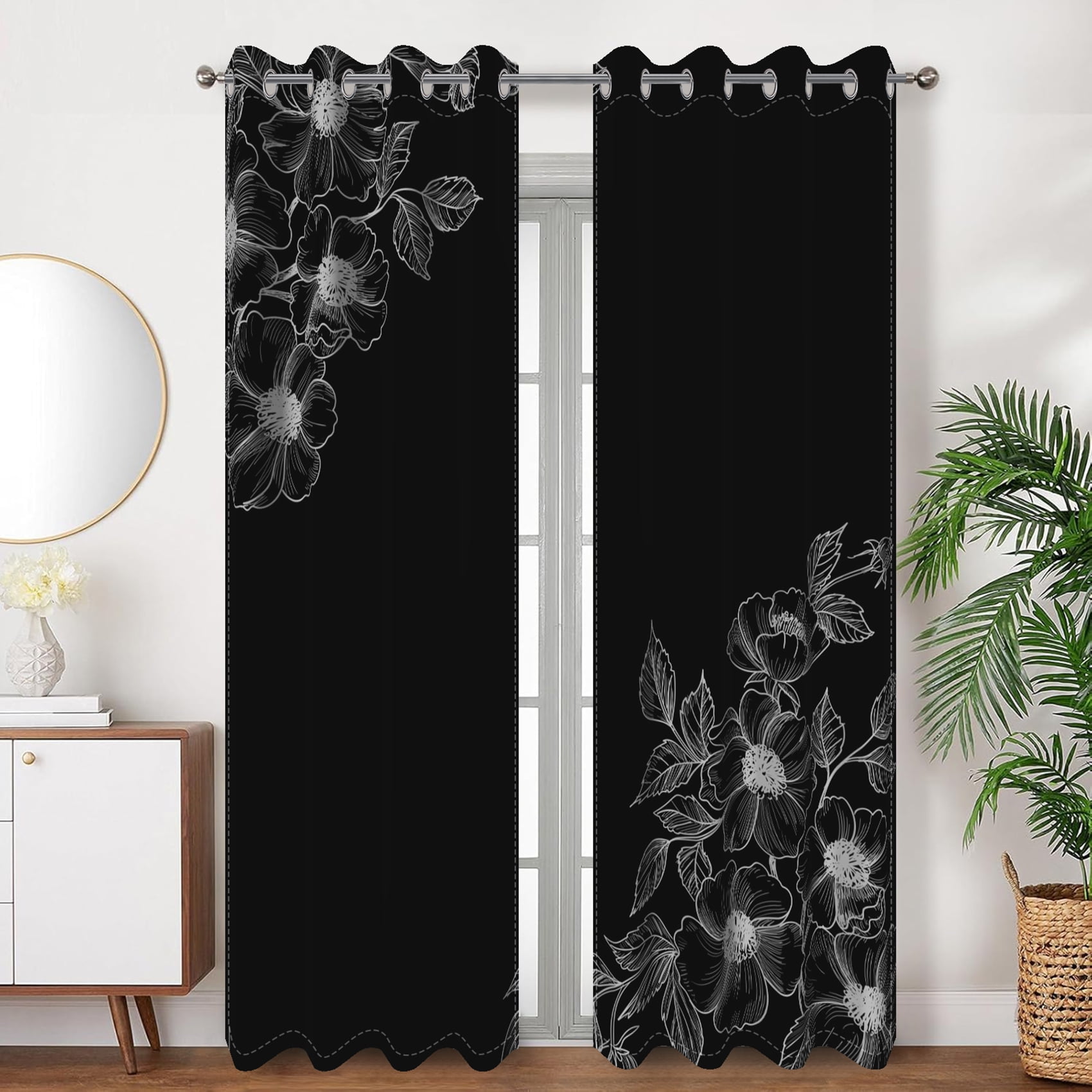SUNOLIFE Black Blackout Curtains 2 Panels 84 Inch Floral Parten Window ...