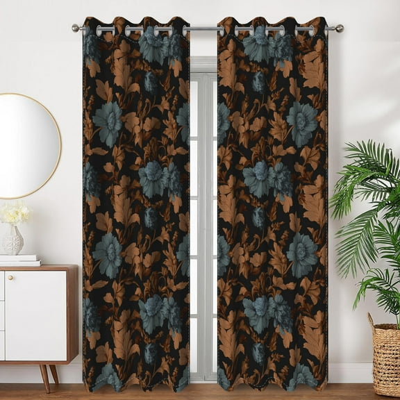 SUNOLIFE Black Floral Blackout Curtains 2 Panels 84 Inch Blue Darkening Window Curtains for Living Room Bedroom