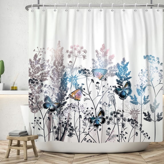 SUNOLIFE Blue Buttlefly Shower Curtain Floral Plants Waterproof Fabric Bathroom Curtain 72x78 in