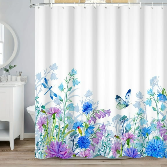 SUNOLIFE Blue Floral Shower Curtain,Flower Plants Waterproof Fabric Bathroom Curtain with Hooks,72x72 in