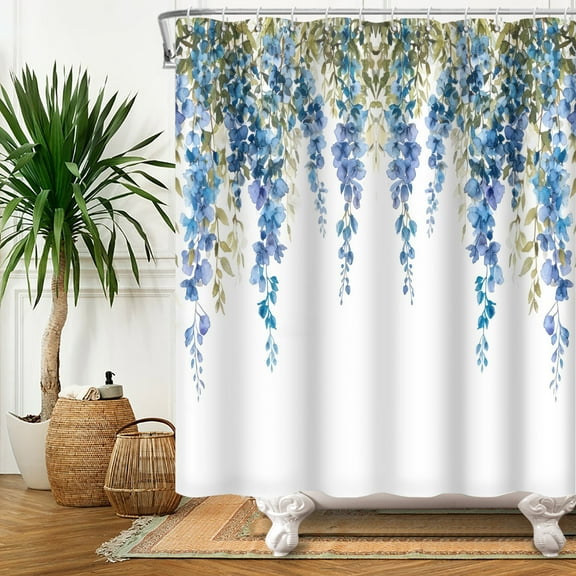 SUNOLIFE Blue Floral Shower Curtain,Leaves Plants Waterproof Fabric Bathroom Curtain with Hooks,72x72 in